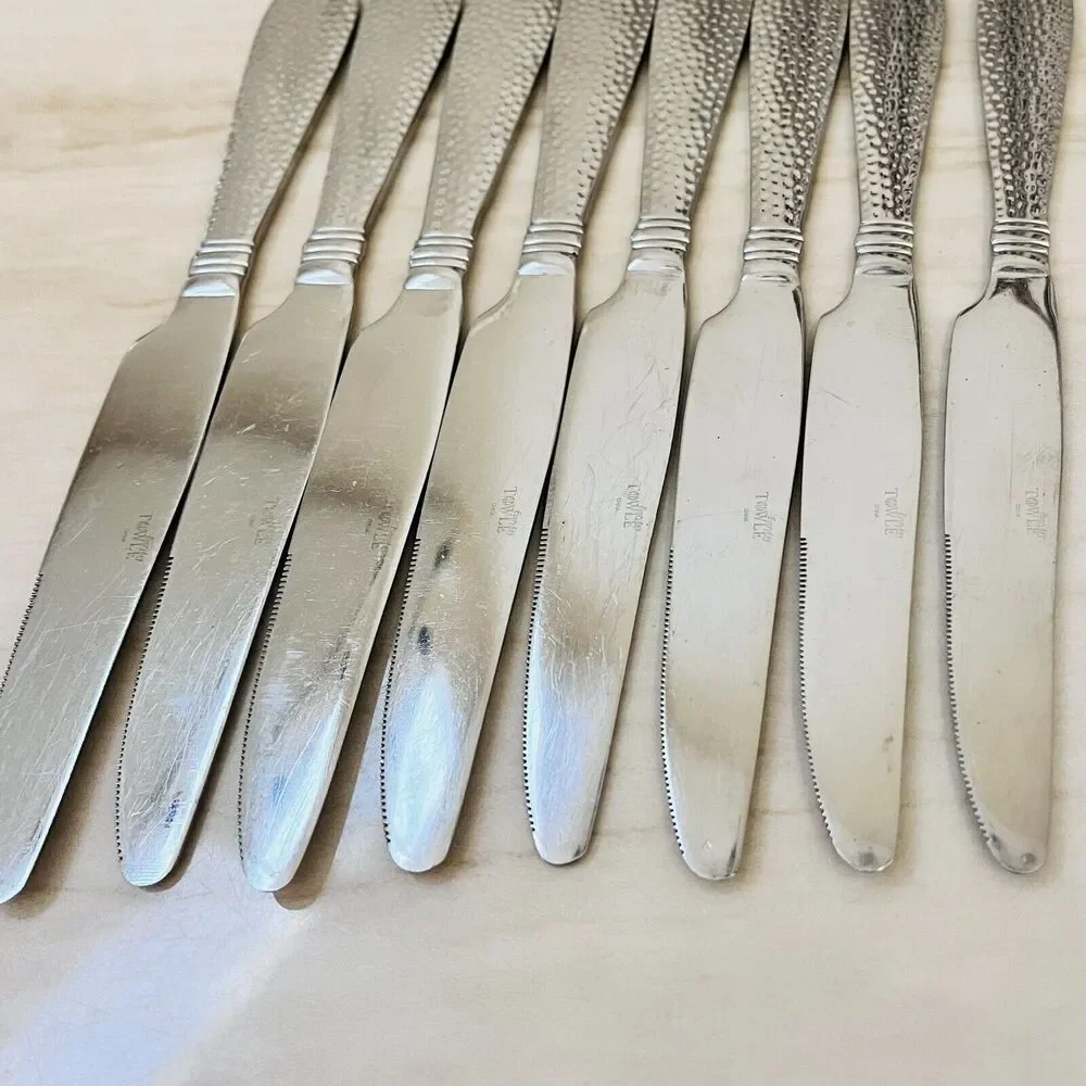 8pc TOWLE Logan Hammer Ring Stainless Hammered Solid Dinner Knives 9 3/8